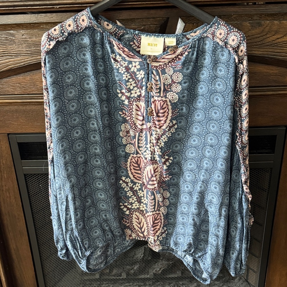 Anthropologie Maeve Letizia Ruffled Blouse Blue Motif - Picture 3 of 7